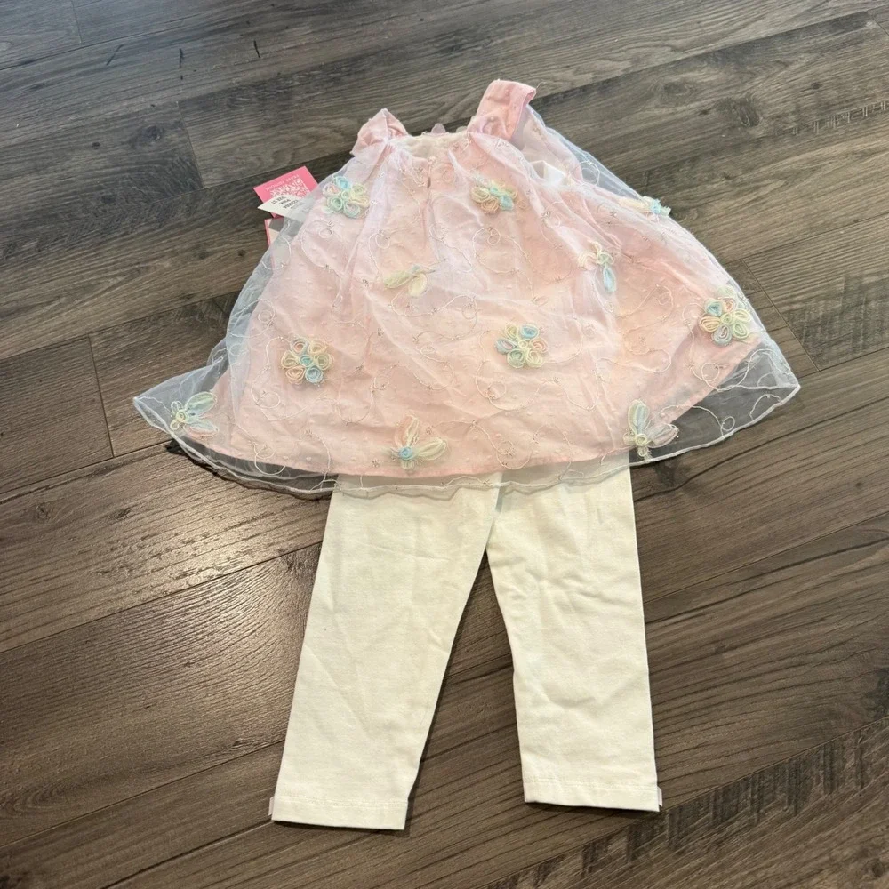 Rare Editions Pink & Cream Floral Tulle Top with Cream Leggings